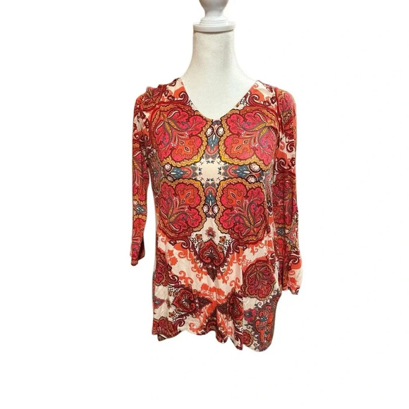 Chico’s‎ Top Size 0(S) Pink Paisley PDamask Print 3/4 Sleeve V-Neck Blouse - Picture 1 of 4